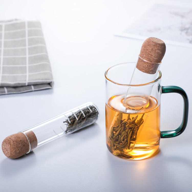 Universal Glass Tea Stick Infuser Brewing Bulk Tea Filter Transparent Glass Tea Strainer with wood cork
