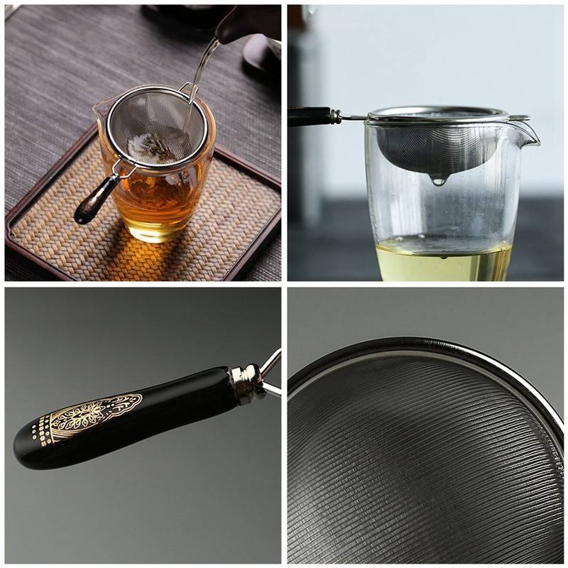 Loose Leaf Filter Ceramic Handle Gongfu Tea Accessories Vintage Chinese Tea Infuser Stainless Steel Dual Mesh Tea Strainer