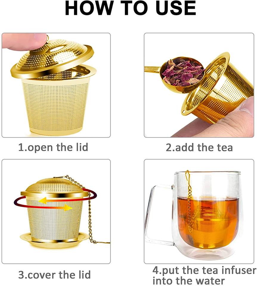 Tea Steeper Loose Leaf Tea Infuser Set Fine Mesh Sieve Tea Strainers with Spoon and Drip Trays Stainless Steel Gold Metal Office