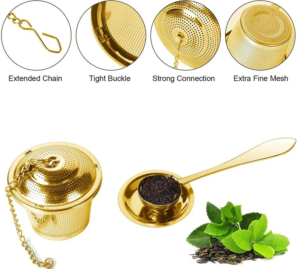 Tea Steeper Loose Leaf Tea Infuser Set Fine Mesh Sieve Tea Strainers with Spoon and Drip Trays Stainless Steel Gold Metal Office
