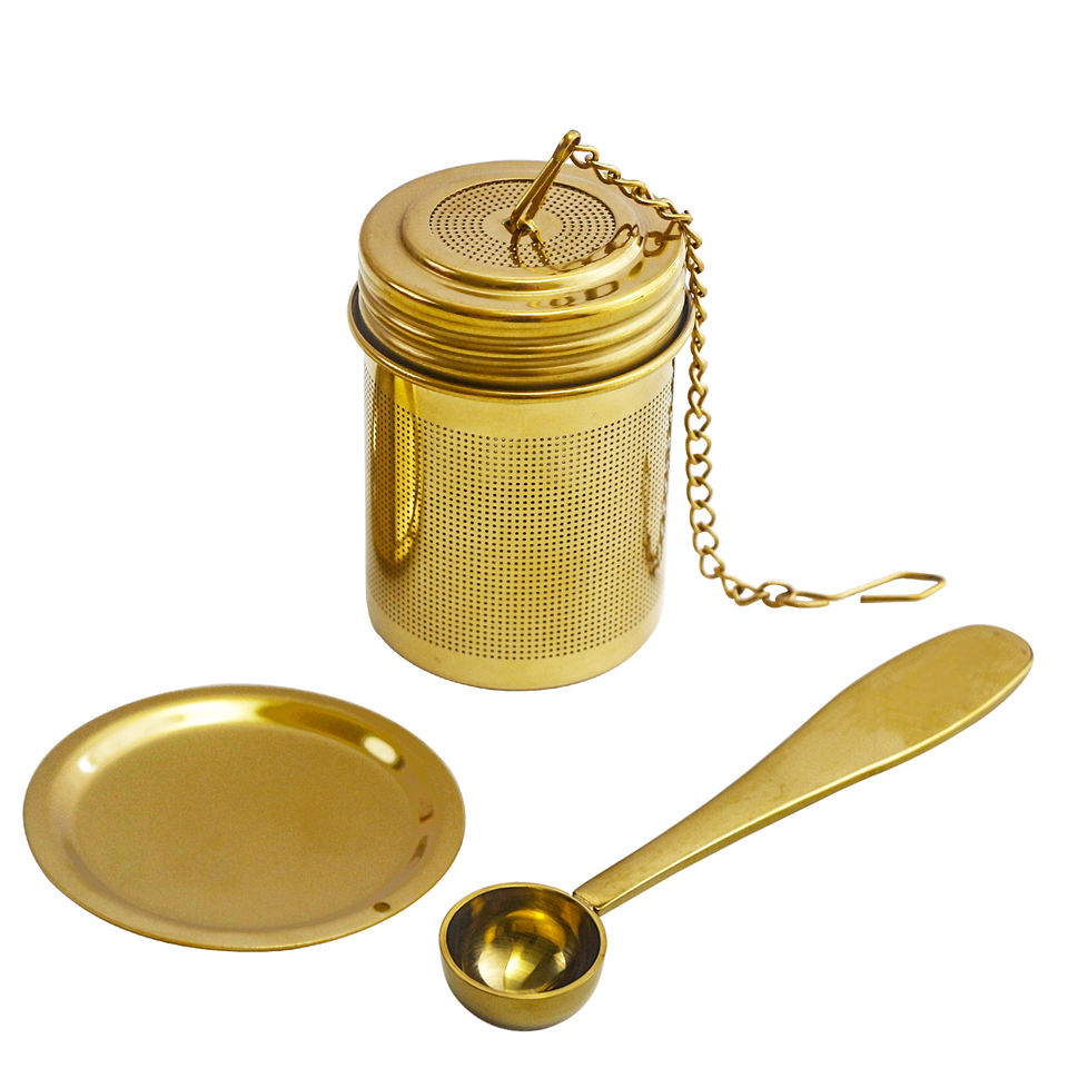 High Quality Stainless Steel Basket Shape Tea Infuser Strainer with Chain Measuring Spoon Set Gold Christmas Office Modern