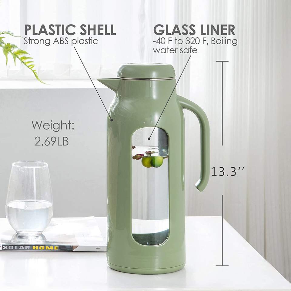 85oz Glass Water Pitcher with Lid and Shatterproof Shell, Heat Resistant Water Carafe with Handle for Juice