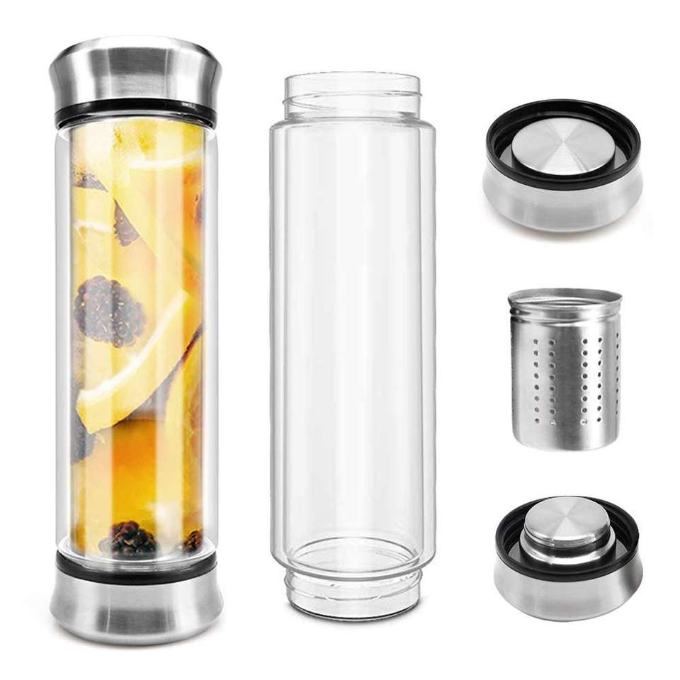 Portable Bottle Custom Promotion Gift Borosilicate Water Bottle With Tea Infuser Two Sides Open Lid