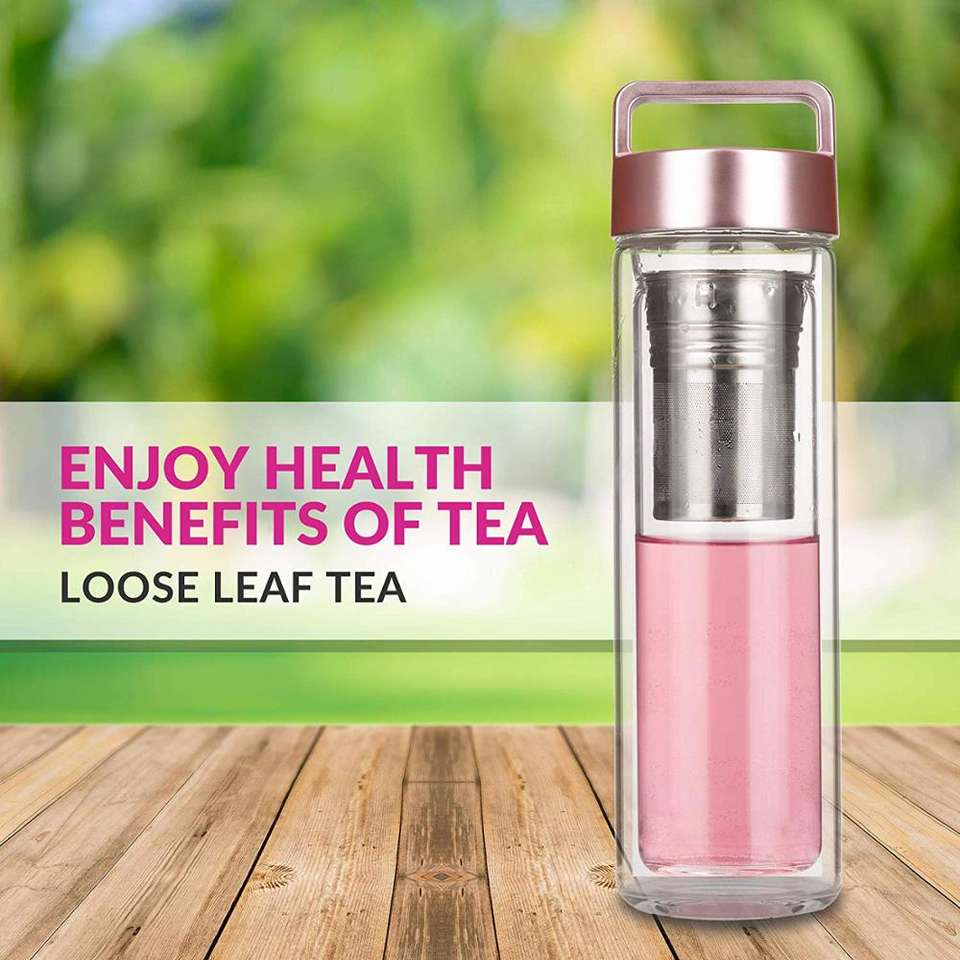 Tea & Fruit Tumbler Infuser Water Bottle Bpa-free, Double-walled Glass, Leak-proof Lid Hot and Cold Drinks 450 Ml (15oz) Modern