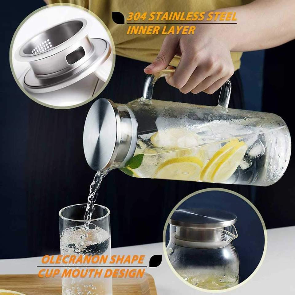 Heat Resistant Glass Pitcher with Stainless Steel Lid, Water Carafe with Handle, Good Beverage Pitcher For Homemade Juice