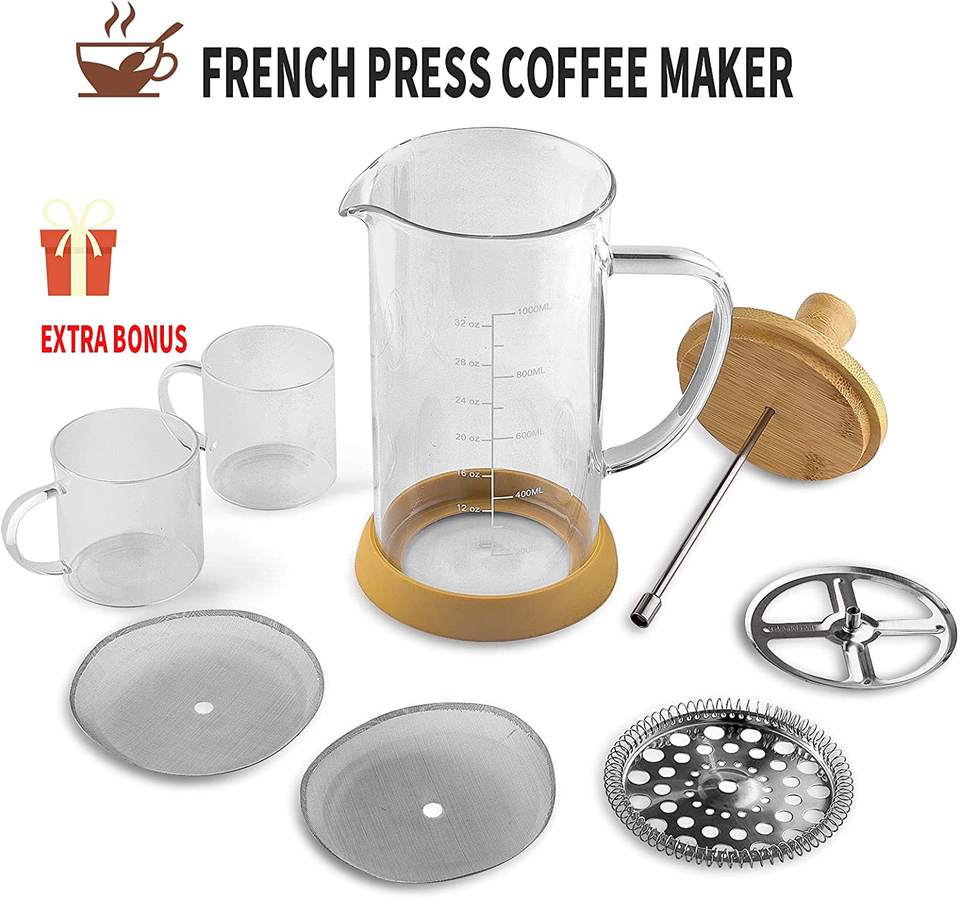 34 oz French Press Coffee Maker, Double Filters Bamboo French Press, Borosilicate Glass Press Coffee Make