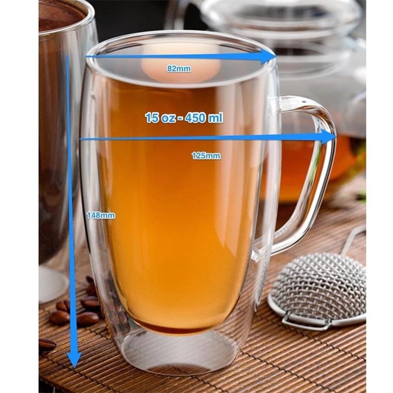 15oz/450ml Double Wall Insulated Glass Coffee Mugs Tea Cups for Espresso Latte