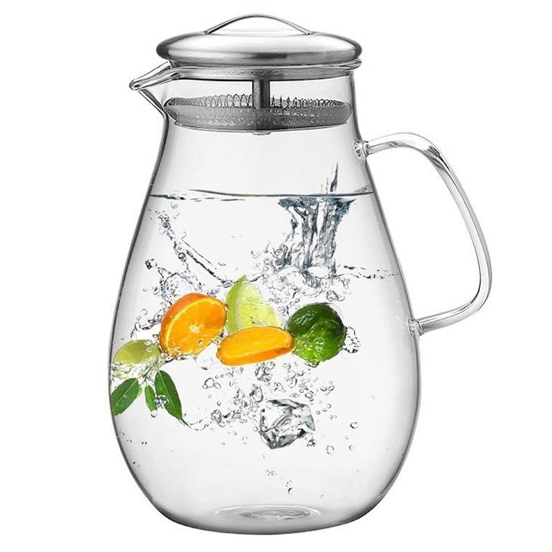 64 Ounces Glass Pitcher with Stainless Steel Lid, Water Carafe with Handle, Good Beverage Pitcher for Homemade Juice and IcedTea