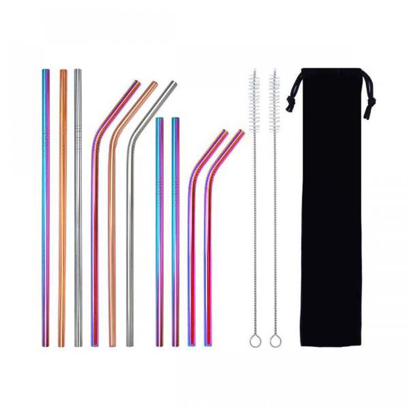 Reusable colored Metal Drinking Straws Set Of 10 Stainless Steel Straws With 2 Cleaning Brush