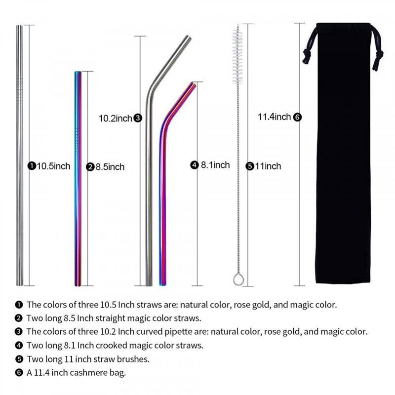 Reusable colored Metal Drinking Straws Set Of 10 Stainless Steel Straws With 2 Cleaning Brush