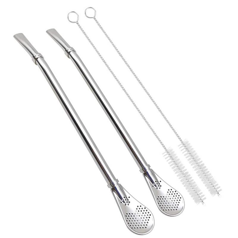 Gourd Drinking Filter Straws Stirrer Food-Grade 18/8 Stainless Steel - Set of 2 with 2 Cleaning Brushes