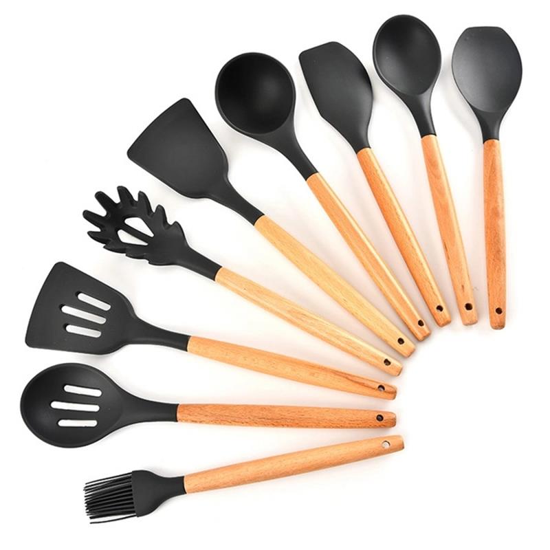 Wooden Handle Non-stick Heat Resistant Turner Spatula Pasta Spaghetti Server Silicone Rubber Cooking Kitchen Utensils Set