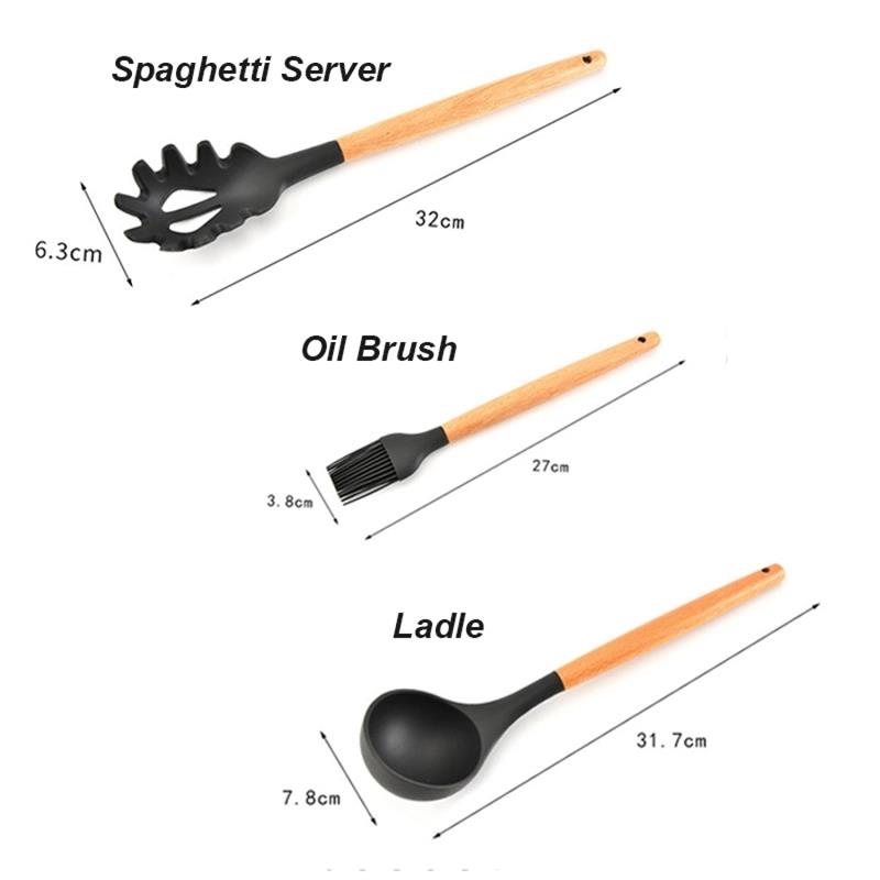 Wooden Handle Non-stick Heat Resistant Turner Spatula Pasta Spaghetti Server Silicone Rubber Cooking Kitchen Utensils Set