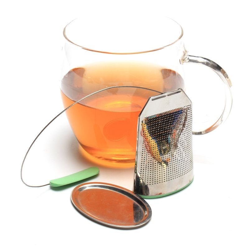 Stainless steel tea bag infuser with long wire handle and silicone tip and s/s drip tray