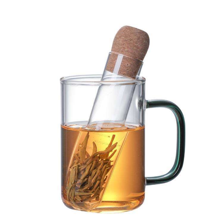 Universal Glass Tea Stick Infuser Brewing Bulk Tea Filter Transparent Glass Tea Strainer with wood cork