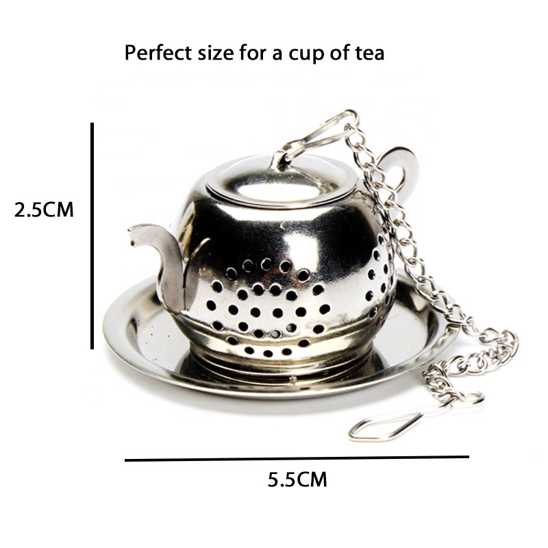 Rose Gold Color Round Teapot Shape Tea Infuser Stainless Steel Loose Leaf Tea Ball Infuser with Chain and Holding Tray