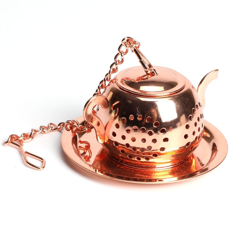 Rose Gold Color Round Teapot Shape Tea Infuser Stainless Steel Loose Leaf Tea Ball Infuser with Chain and Holding Tray
