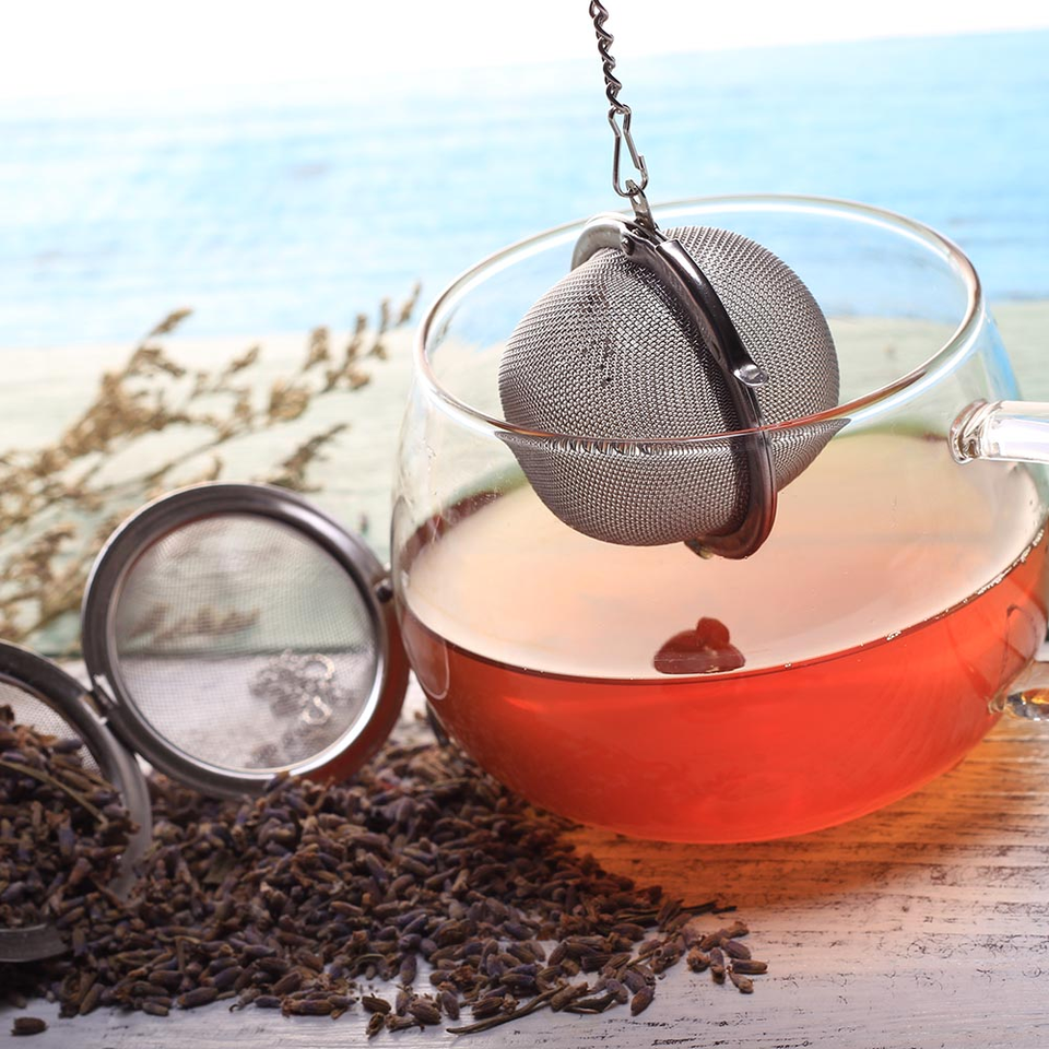 Factory price stainless steel mesh tea ball 4.5cm tea infuser with chain in rose gold color