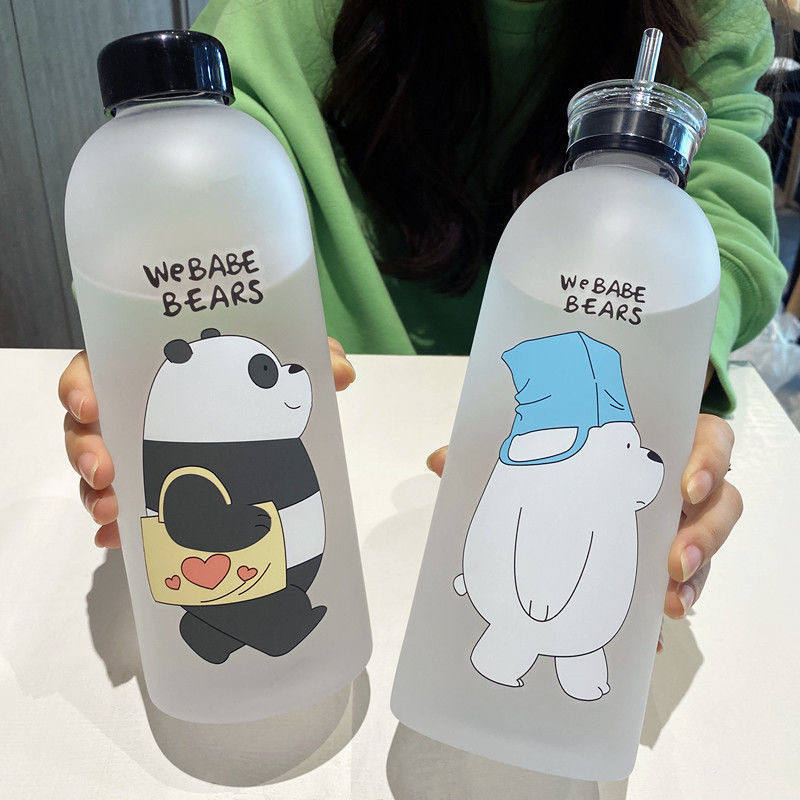 Panda Bear Cup Drinkware 1000ml Water Bottles Cartoon Water Bottle with Straw Transparent Frosted Leak-proof Cute Modern Offered