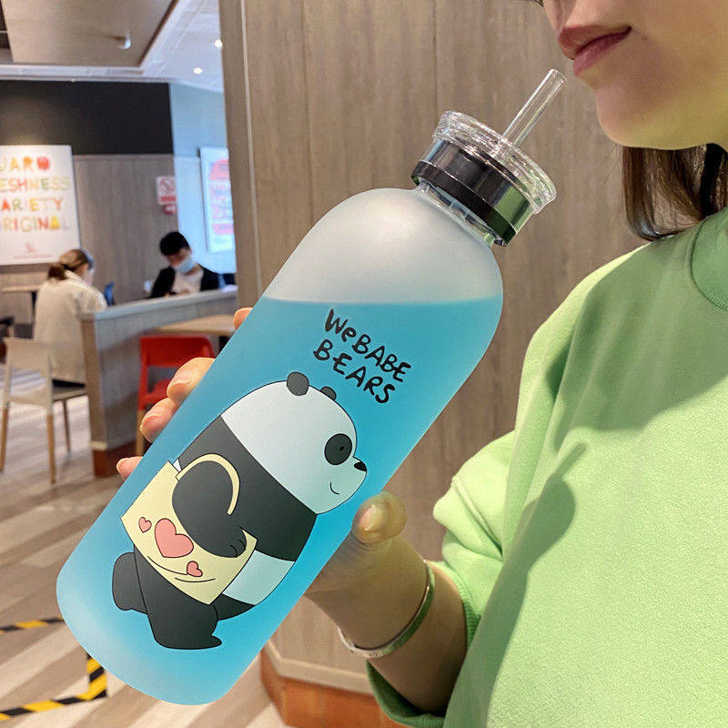 Panda Bear Cup Drinkware 1000ml Water Bottles Cartoon Water Bottle with Straw Transparent Frosted Leak-proof Cute Modern Offered