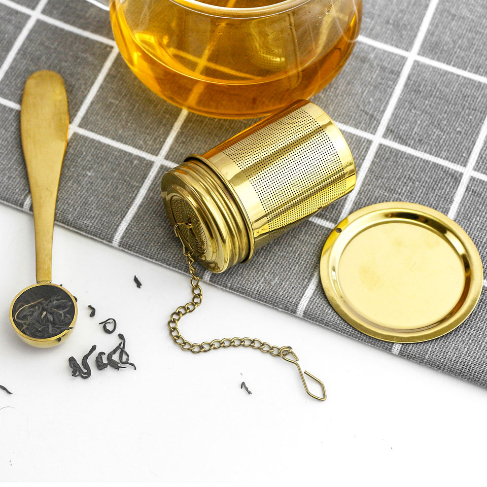 High Quality Stainless Steel Basket Shape Tea Infuser Strainer with Chain Measuring Spoon Set Gold Christmas Office Modern