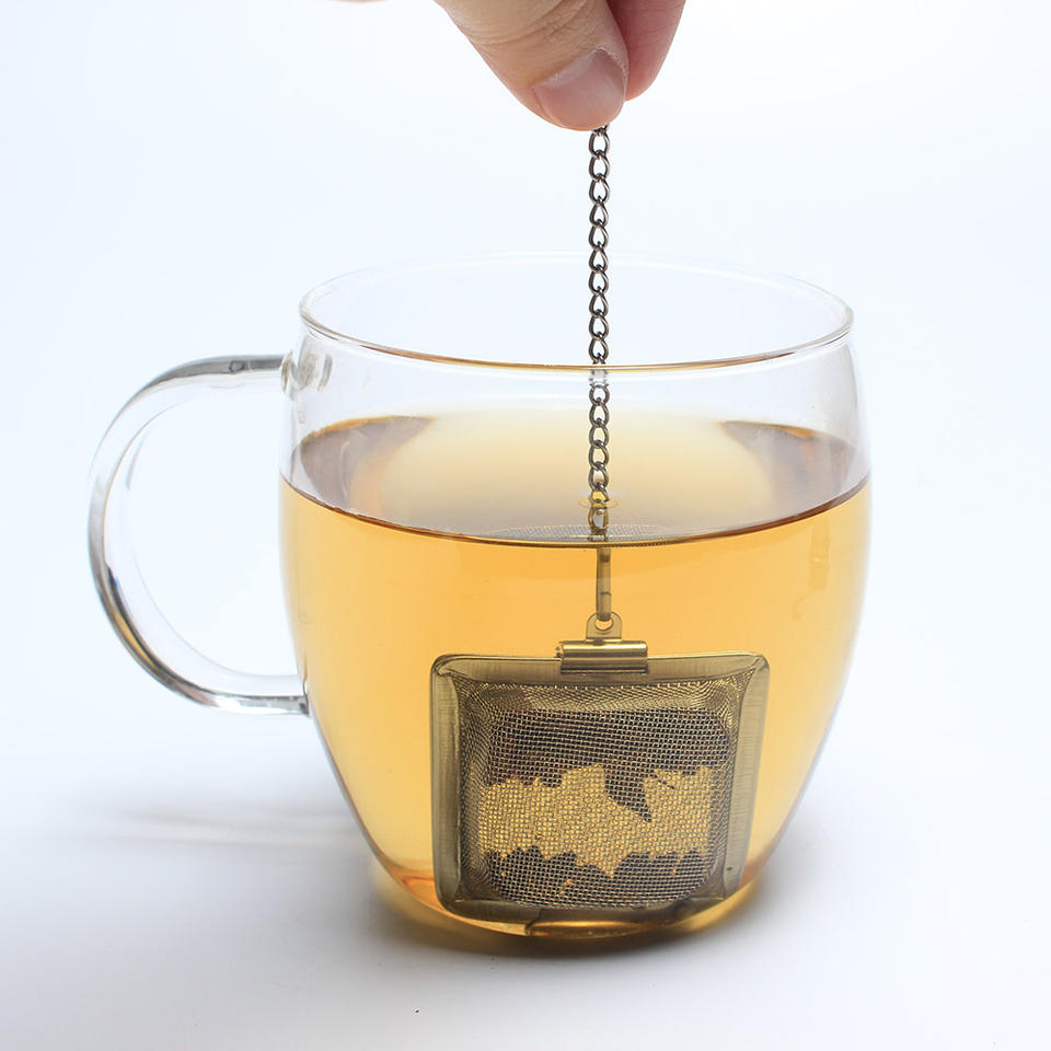 Wholesale square shape metal wire mesh tea infuser strainer gift with handing chain