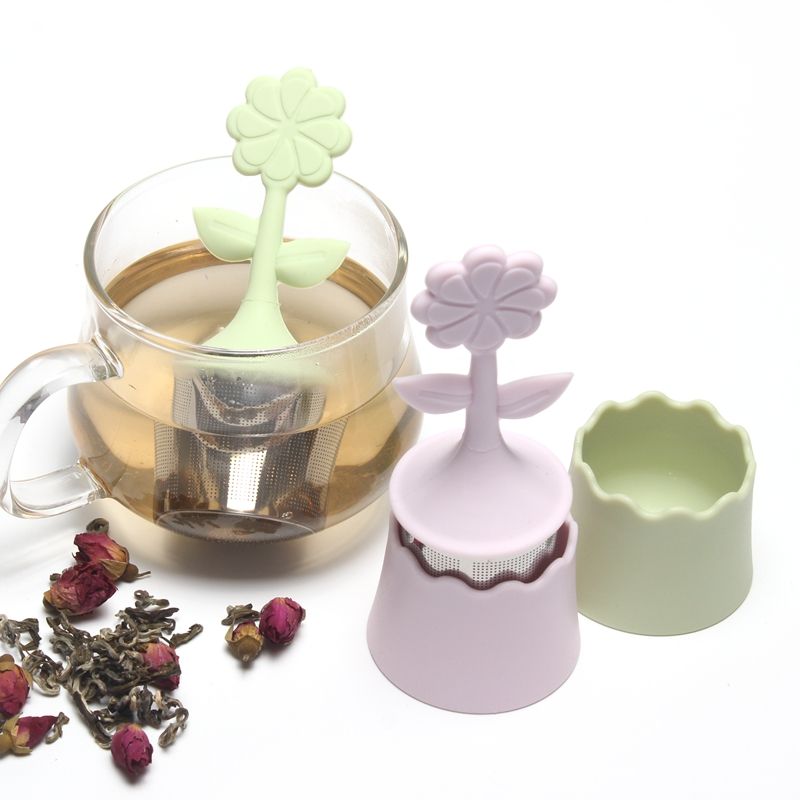 Silicone sun flower tea infuser with stainless steel fine etched holes basket infuser and PP stand - perfect loose tea brewer