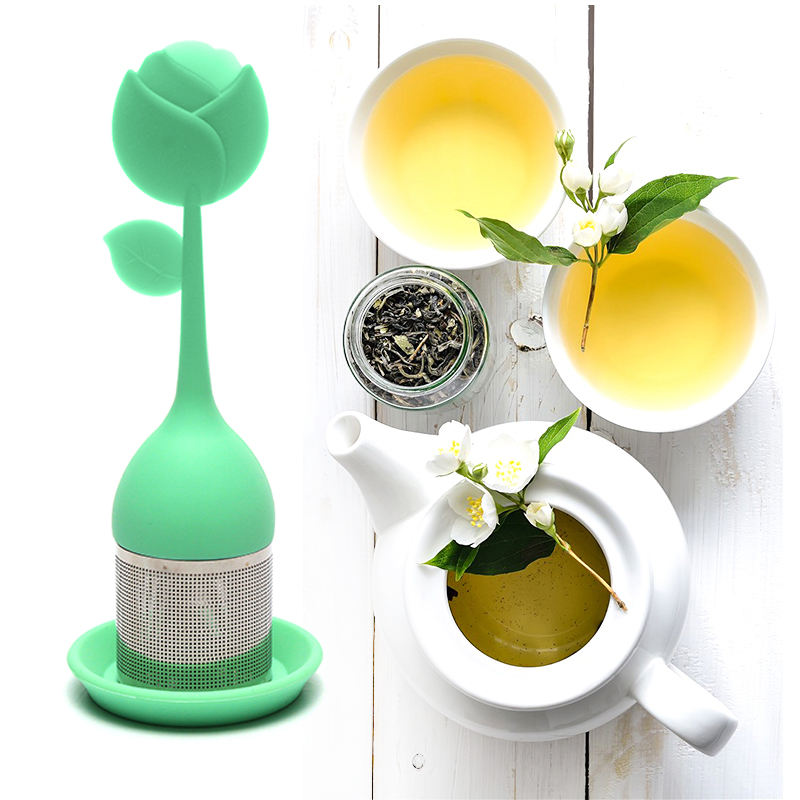Silicone Rose flower tea Infuser brewer promotional gifts-Stainless Steel Fine Mesh Tea Filter with large silicone drip tray