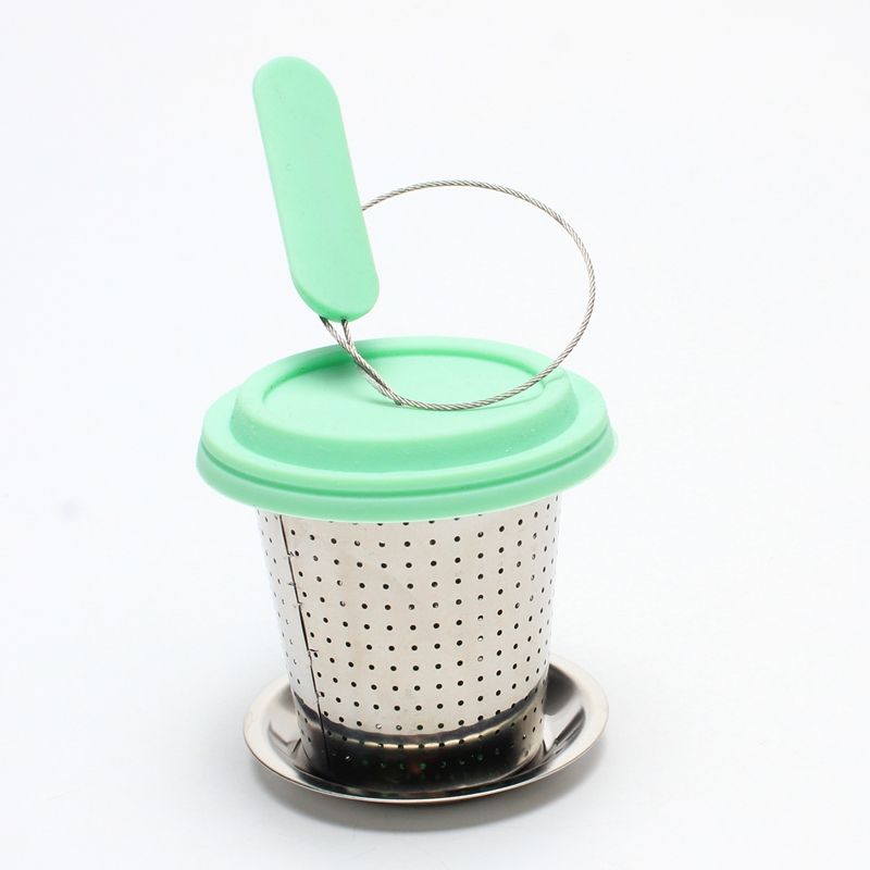 Large capacity basket tea infuser with etched fine fine holes and long wire handle and stainless steel drip tray