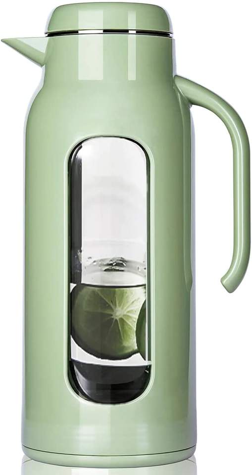 85oz Glass Water Pitcher with Lid and Shatterproof Shell, Heat Resistant Water Carafe with Handle for Juice