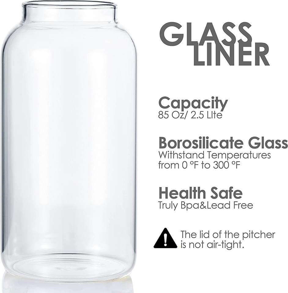 85oz Glass Water Pitcher with Lid and Shatterproof Shell, Heat Resistant Water Carafe with Handle for Juice