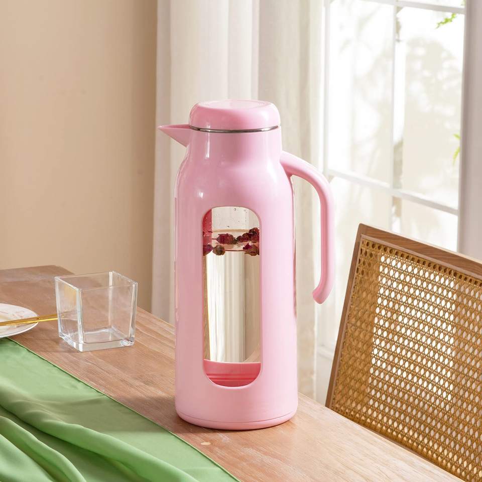 85oz Glass Water Pitcher with Lid and Shatterproof Shell, Heat Resistant Water Carafe with Handle for Juice