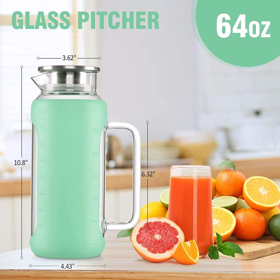 64oz Glass Water Pitcher with Wide Handle, Silicone Sleeve for Fridge Water, Milk, Juice