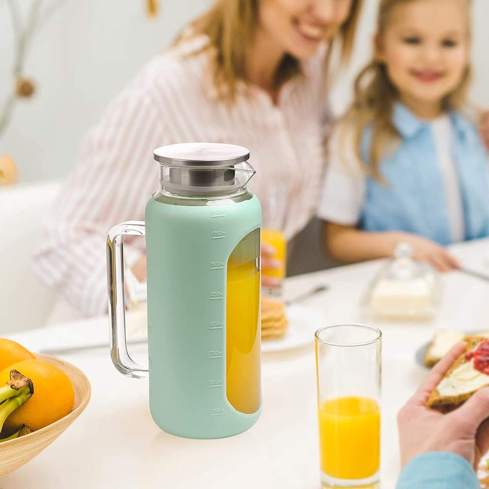 64oz Glass Water Pitcher with Wide Handle, Silicone Sleeve for Fridge Water, Milk, Juice