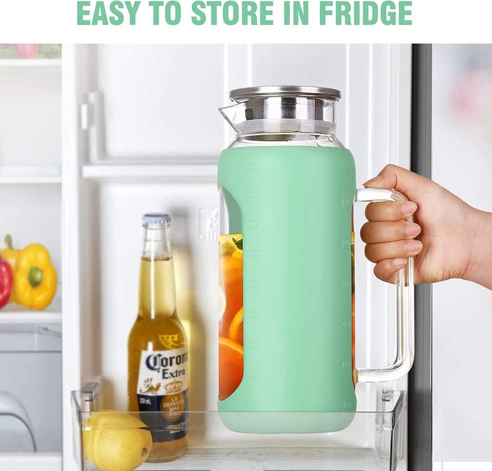 64oz Glass Water Pitcher with Wide Handle, Silicone Sleeve for Fridge Water, Milk, Juice