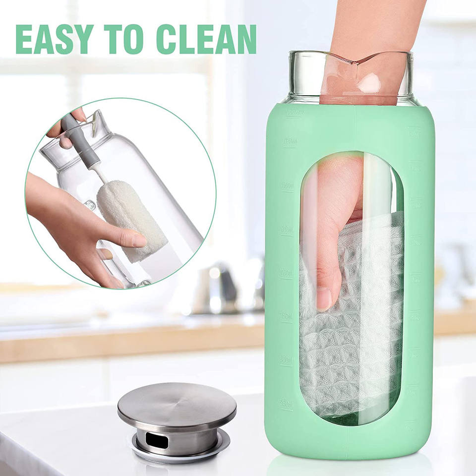 64oz Glass Water Pitcher with Wide Handle, Silicone Sleeve for Fridge Water, Milk, Juice
