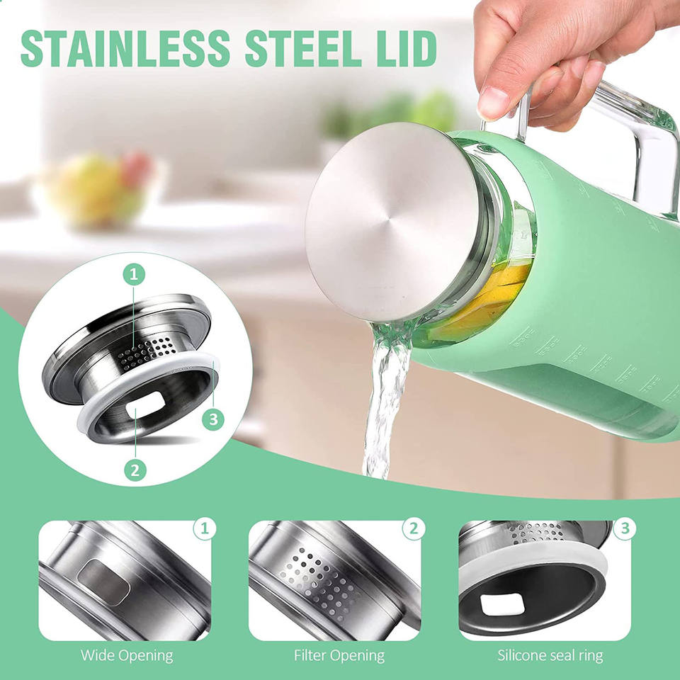 64oz Glass Water Pitcher with Wide Handle, Silicone Sleeve for Fridge Water, Milk, Juice