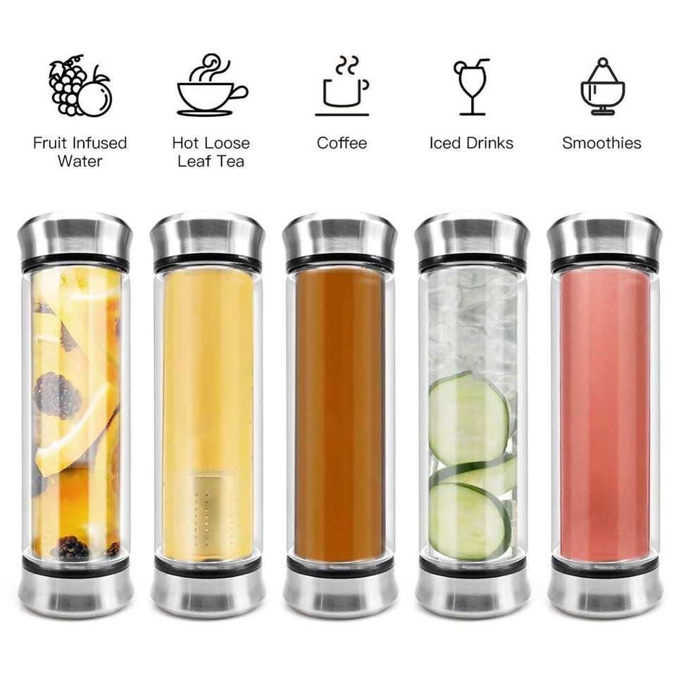Portable Bottle Custom Promotion Gift Borosilicate Water Bottle With Tea Infuser Two Sides Open Lid