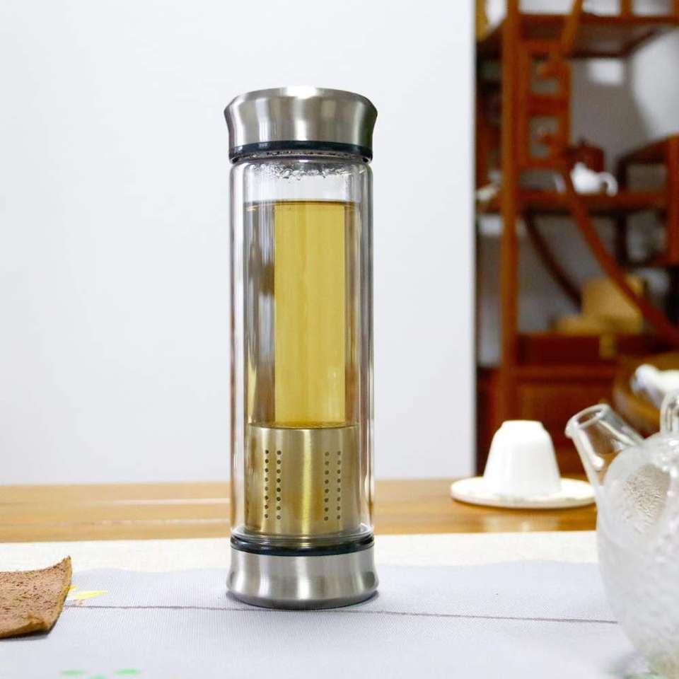 Portable Bottle Custom Promotion Gift Borosilicate Water Bottle With Tea Infuser Two Sides Open Lid