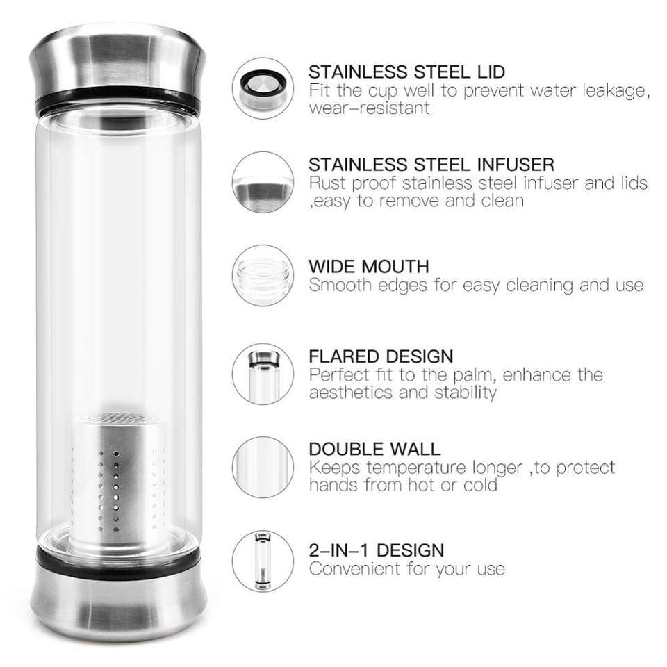 Portable Bottle Custom Promotion Gift Borosilicate Water Bottle With Tea Infuser Two Sides Open Lid