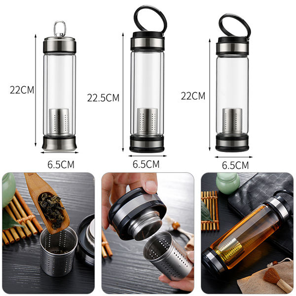 BPA Free Double Walled Glass Water Bottle with Strainer Stainless Steel Tea Infuser for Travel Applicable for Boiling Water TOUR