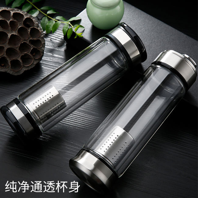 BPA Free Double Walled Glass Water Bottle with Strainer Stainless Steel Tea Infuser for Travel Applicable for Boiling Water TOUR