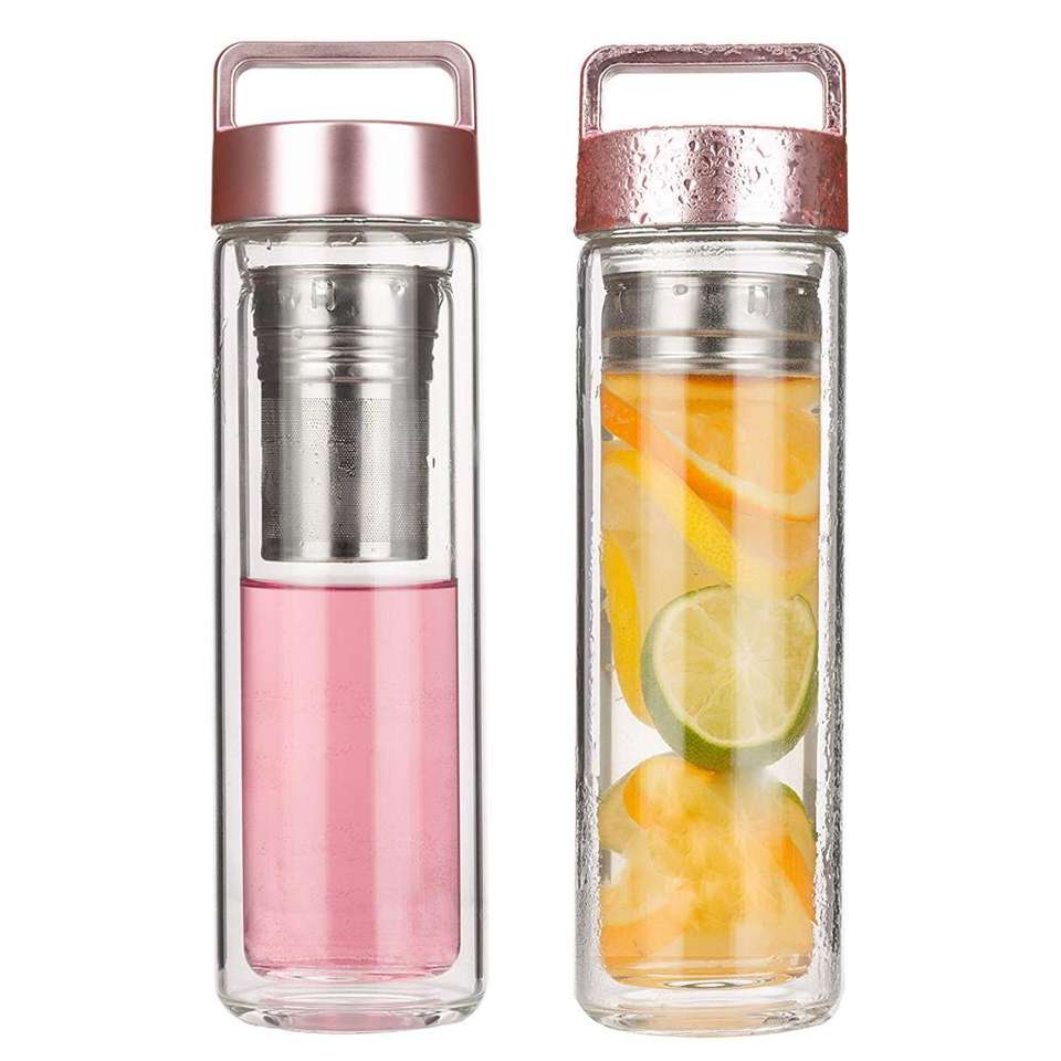 Tea & Fruit Tumbler Infuser Water Bottle Bpa-free, Double-walled Glass, Leak-proof Lid Hot and Cold Drinks 450 Ml (15oz) Modern