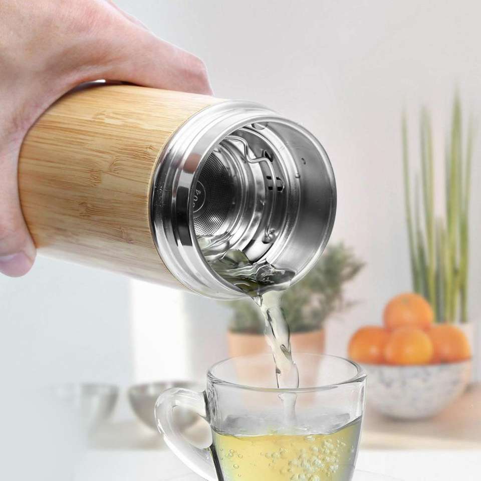 Tea & Fruit Tumbler Infuser Water Bottle Bpa-free, Double-walled Glass, Leak-proof Lid Hot and Cold Drinks 450 Ml (15oz) Modern