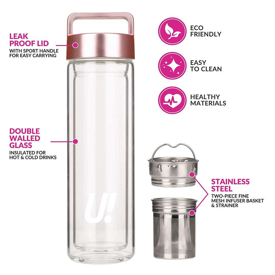 Tea & Fruit Tumbler Infuser Water Bottle Bpa-free, Double-walled Glass, Leak-proof Lid Hot and Cold Drinks 450 Ml (15oz) Modern