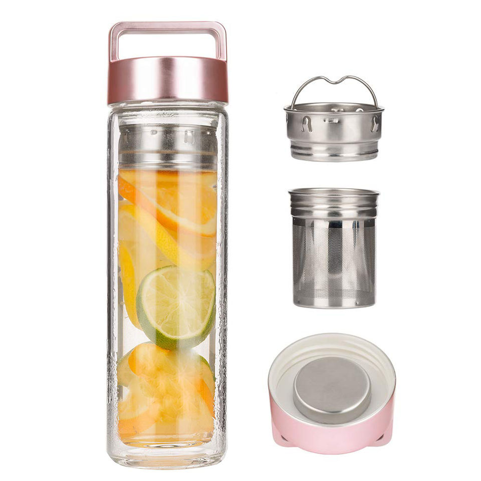 Tea & Fruit Tumbler Infuser Water Bottle Bpa-free, Double-walled Glass, Leak-proof Lid Hot and Cold Drinks 450 Ml (15oz) Modern