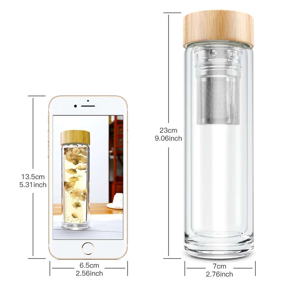 Double Wall Glass Water Bottle 450ml Bamboo Lid Drinking Glass with Tea Infuser Accessories Applicable for Boiling Water Fashion