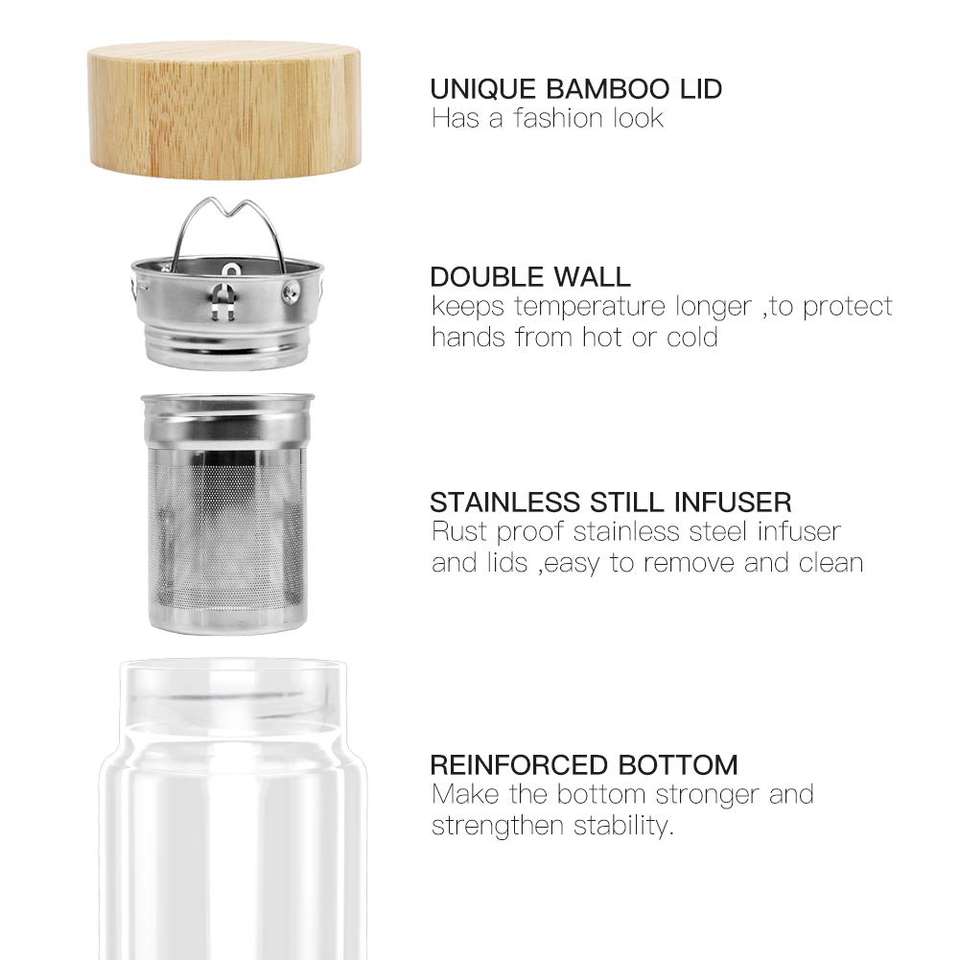 Double Wall Glass Water Bottle 450ml Bamboo Lid Drinking Glass with Tea Infuser Accessories Applicable for Boiling Water Fashion