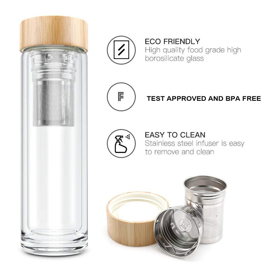 Double Wall Glass Water Bottle 450ml Bamboo Lid Drinking Glass with Tea Infuser Accessories Applicable for Boiling Water Fashion