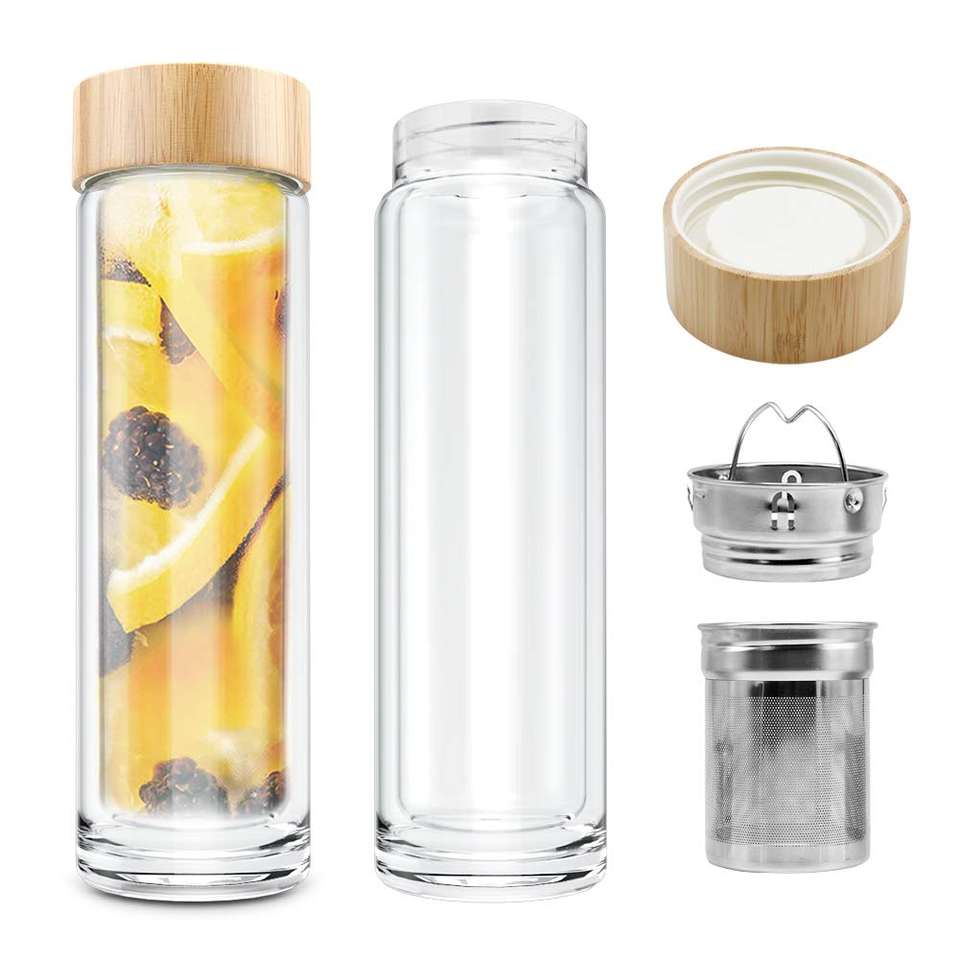 Double Wall Glass Water Bottle 450ml Bamboo Lid Drinking Glass with Tea Infuser Accessories Applicable for Boiling Water Fashion